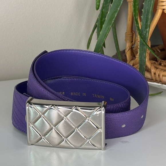 Vintage Accessories - Vintage 80s Purple Leather Waist Belt Quilted Silver Buckle Statement Cinch Belt
